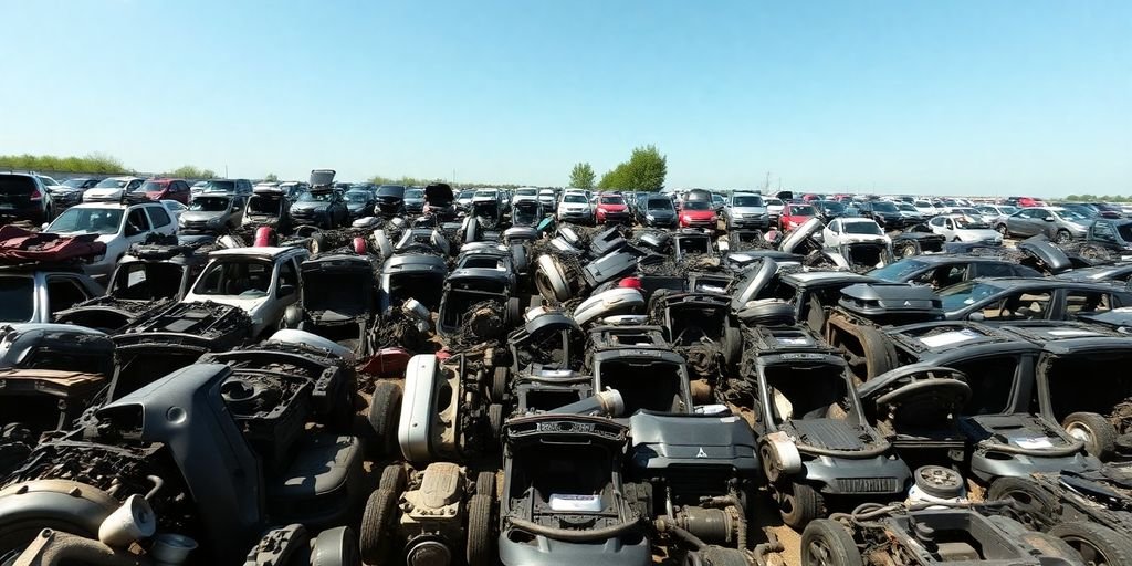 Mitsubishi car parts in a scrapyard.