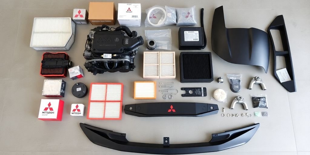 Mitsubishi car parts arranged neatly.