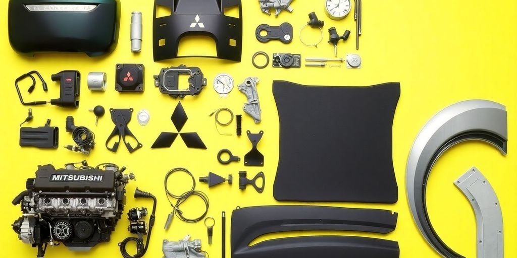 Genuine Mitsubishi parts laid out.