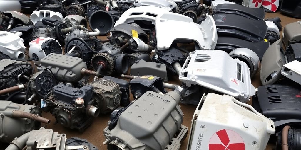 Mitsubishi car parts arranged neatly.