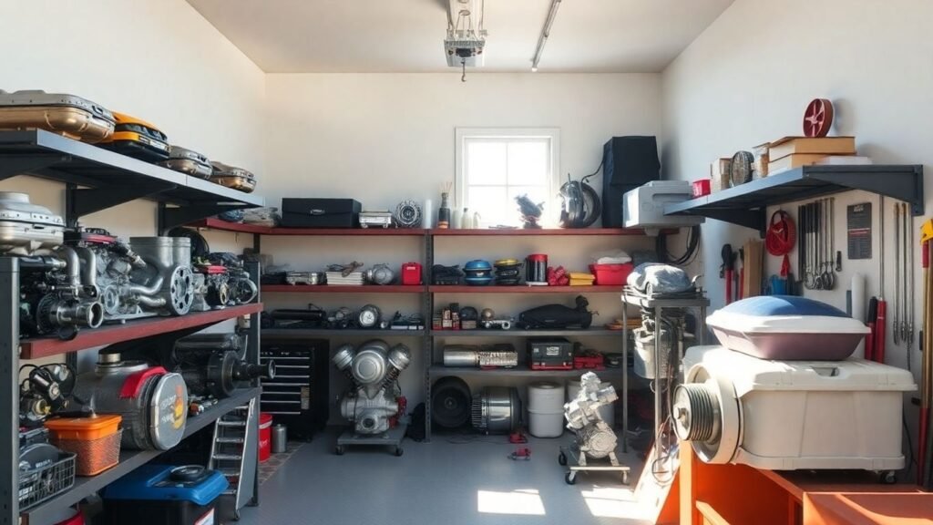 Mitsubishi parts arranged in a bright, clean garage.