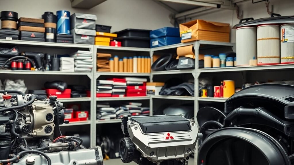 Mitsubishi car parts arranged in a workshop