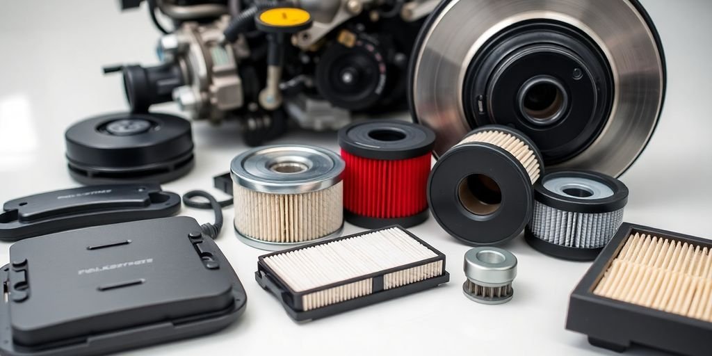 a collection of automotive parts, including various filters, a brake rotor, and other engine components.