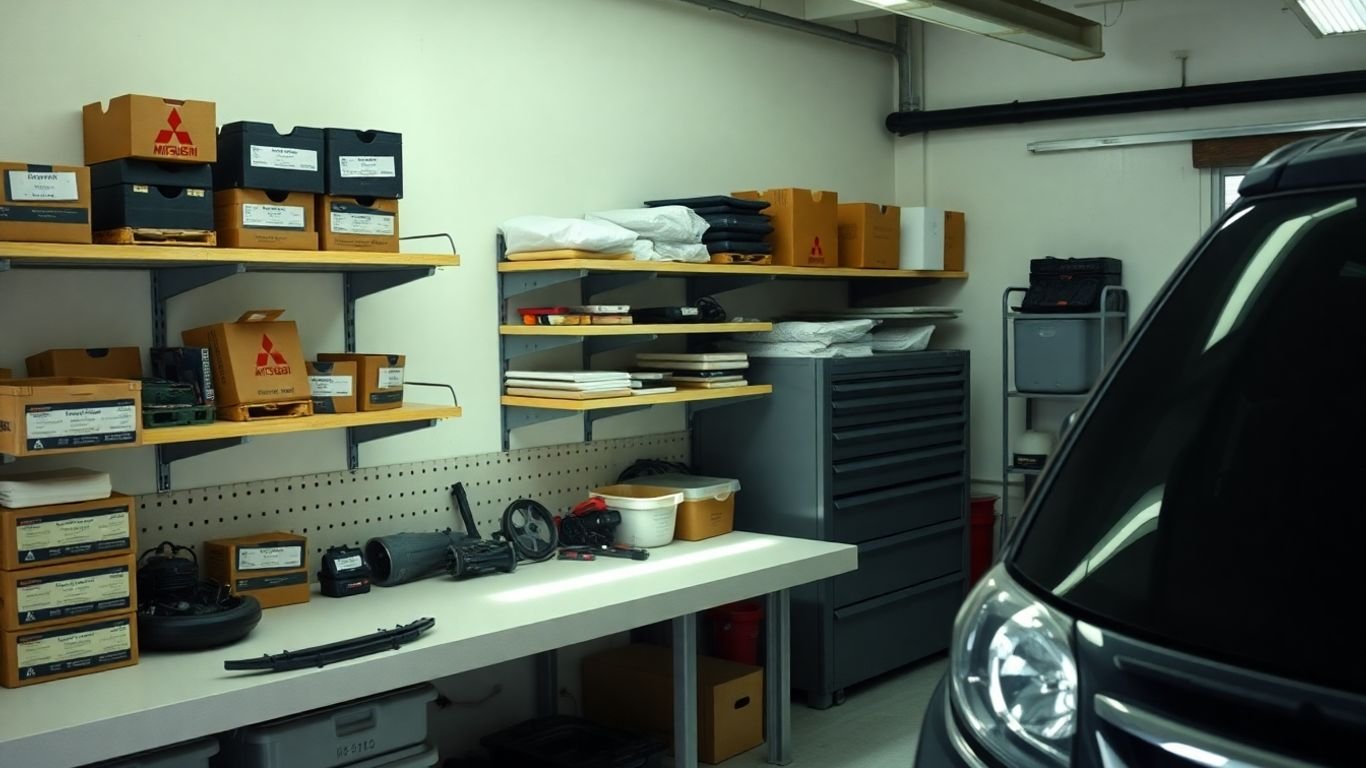 Organized Mitsubishi car parts in a neat garage