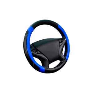 a car steering wheel with a blue and black cover