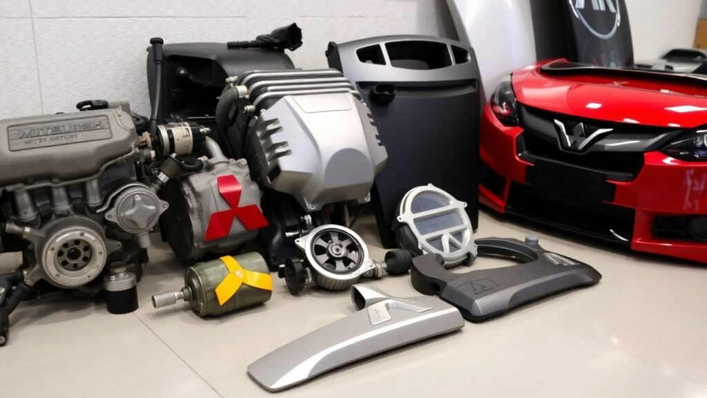 Affordable Mitsubishi car parts laid out for sale.