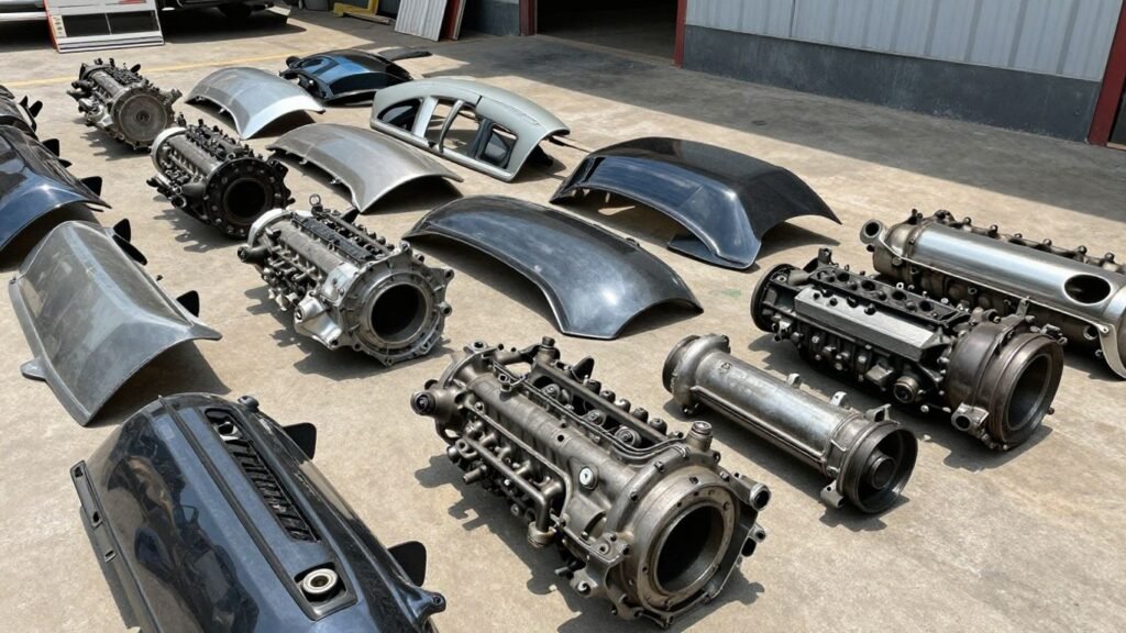 Used Mitsubishi car parts at a wrecking yard.