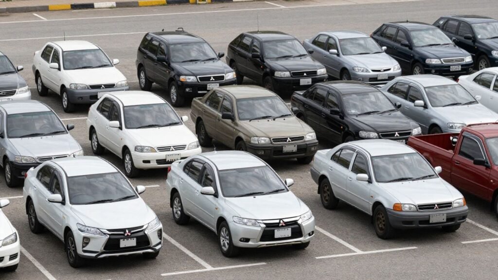 Various Mitsubishi car models in an outdoor wrecking yard.