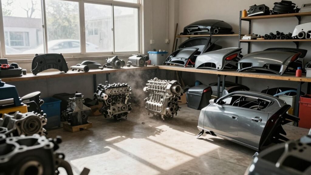 Mitsubishi car parts in a workshop