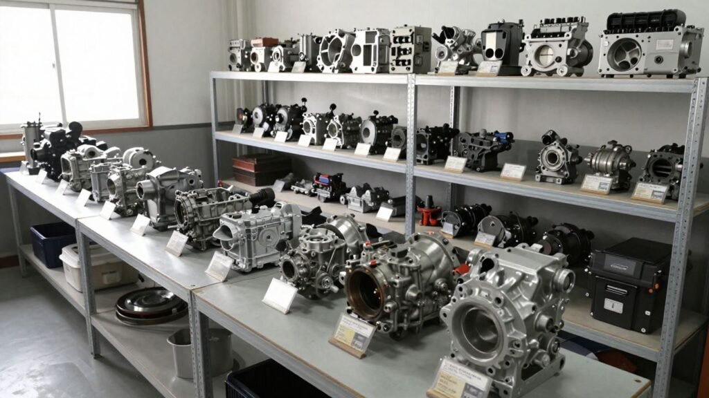 Mitsubishi engines and transmissions in a workshop