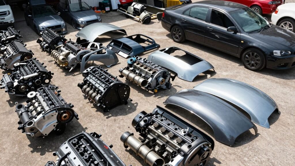 Mitsubishi car parts in a wrecking yard.