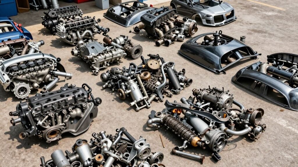 Mitsubishi car parts at a recycling facility.