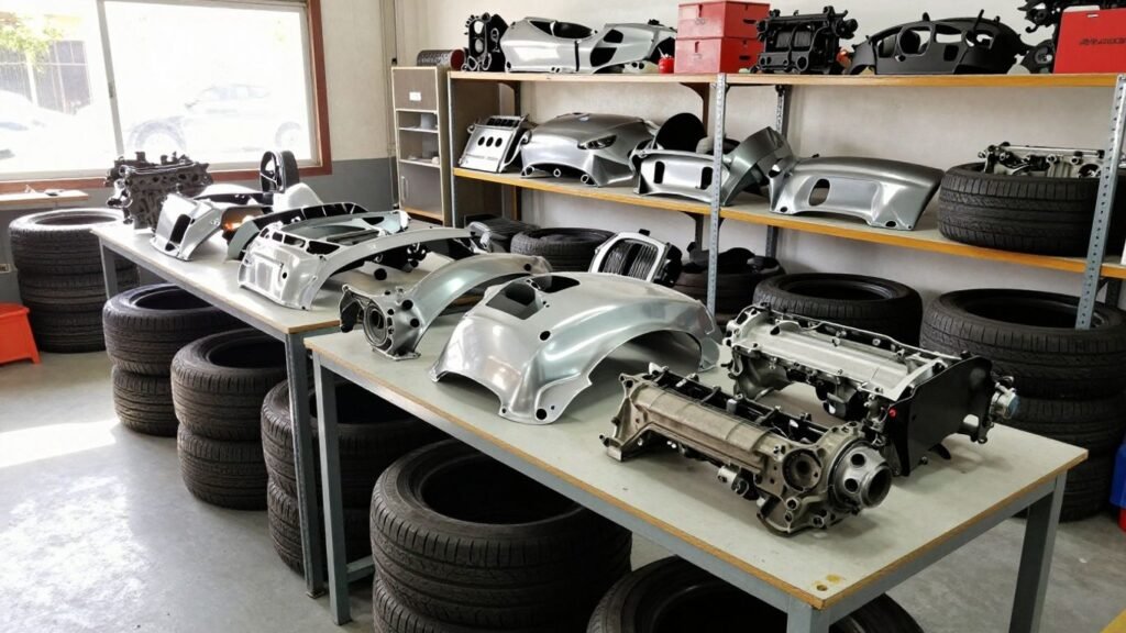 Mitsubishi car parts in a Brisbane workshop.