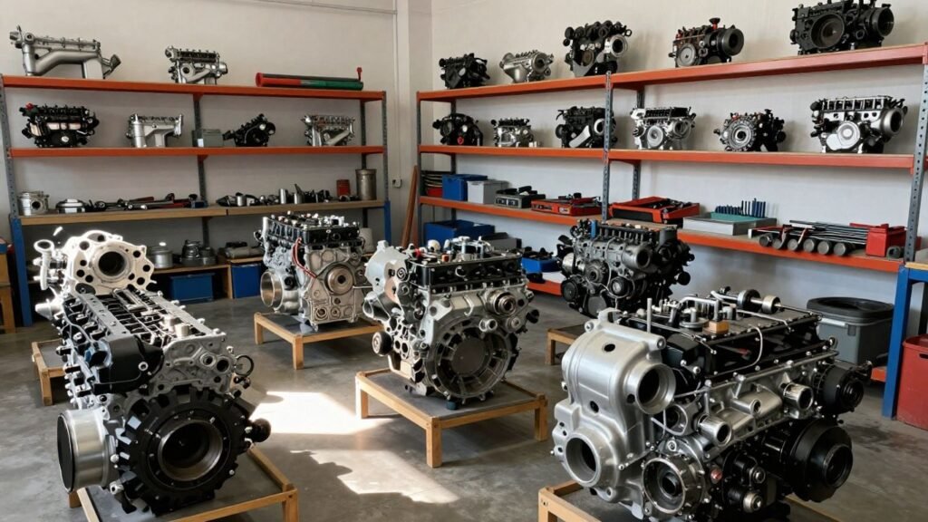 Mitsubishi engines and transmissions in a workshop.