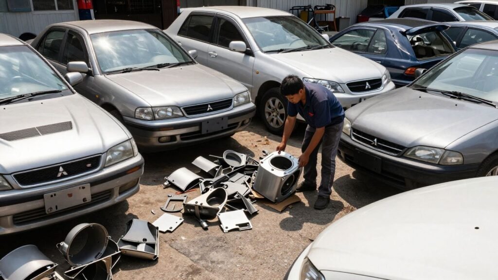 Mitsubishi car parts at a Sydney wrecking yard.